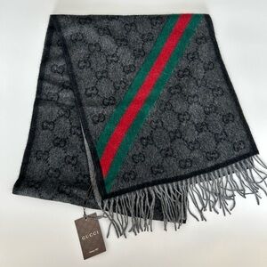 New With Tags Gucci Nikky Wool Alpaca Monogram Web Dark Gray  Scarf Shawl Fringe